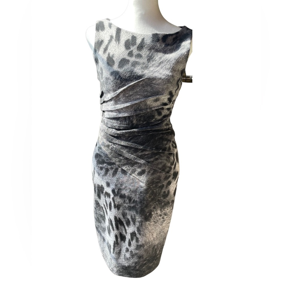 Cache Size 4 Ruched Animal Print Gray Cocktail Dress